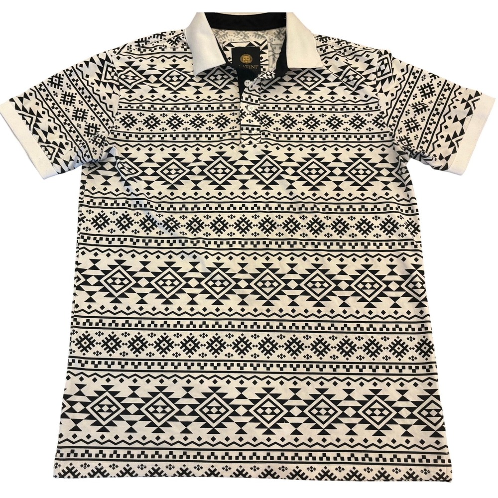 Platini Mens Large Polo Shirt Black White Geometric Tribal Aztec Short Sleeve